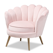Baxton Studio Cosette Glam and Luxe Light Pink Velvet Fabric Upholstered Brushed Gold Finished Seashell Shaped Accent Chair